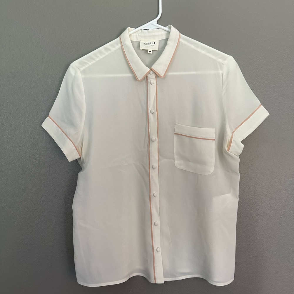 Sezane Silk Ivory Button-Down Shirt with Pink Accents